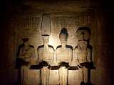 The sanctum of the temple. The statues represent Ramses II., Amun RA, Harmakhis and Ptah. Ptah, the God of the darkness, is never met by the jets of the sun 